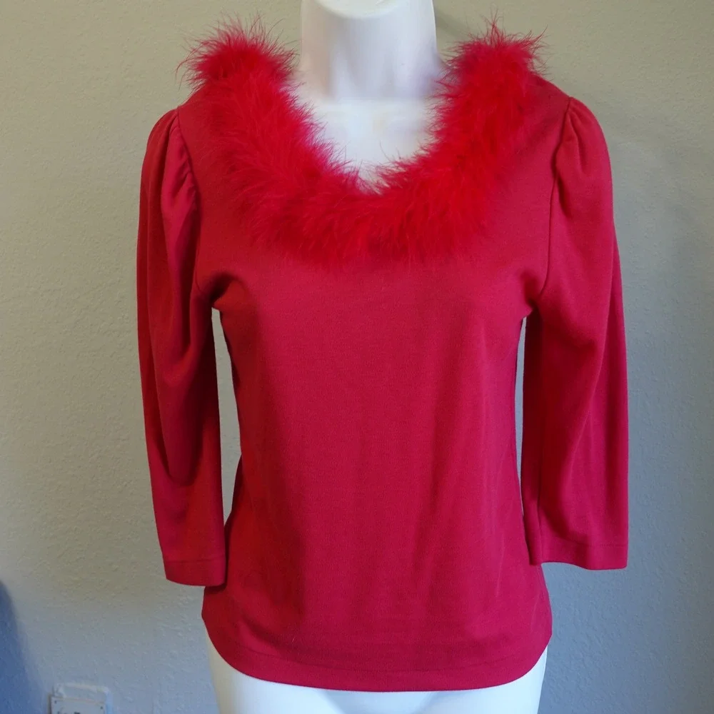 Vintage 80s Top Womens Medium Red Hot Pink Feather Trim‎ Collar Boa Retro Funky